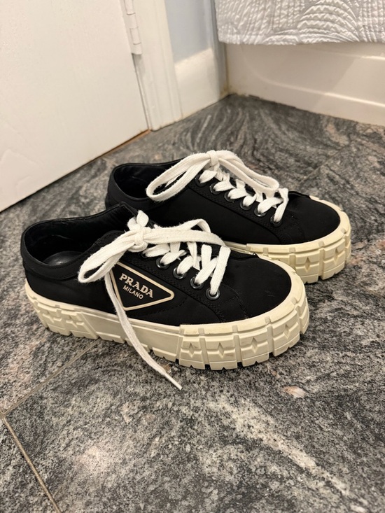 Prada Shoes - Prada Black Canvas Low-Top Sneakers with Cream Lug Sole